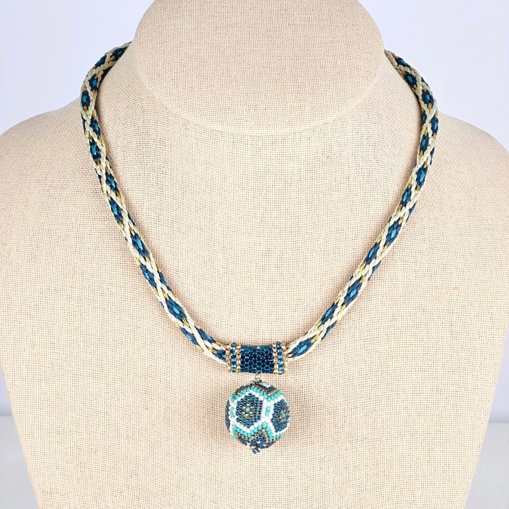 Artisan Boho Teal Blue Gold Crochet Seed Beaded Orb Braided Cord Necklace